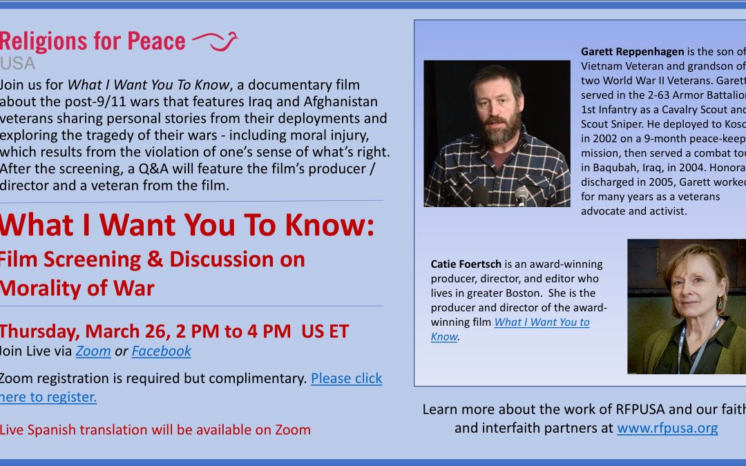 April 23 – What I Want You To Know: Film Screening & Discussion on Morality of War
